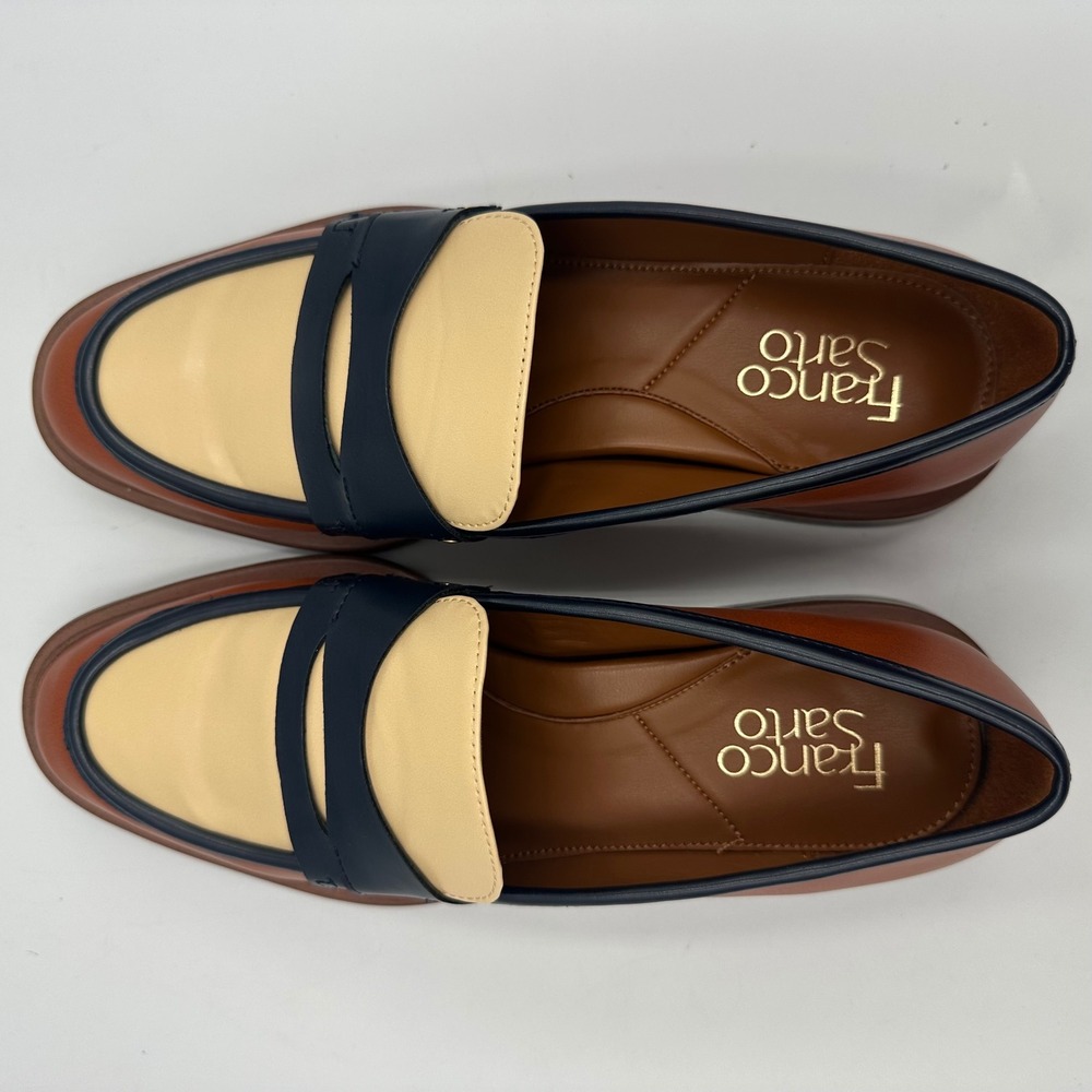 Franco Sarto Edith 2 Loafers Sz 7 Colorblock Preppy Luxe Officecore Brown Navy - Picture 9 of 12